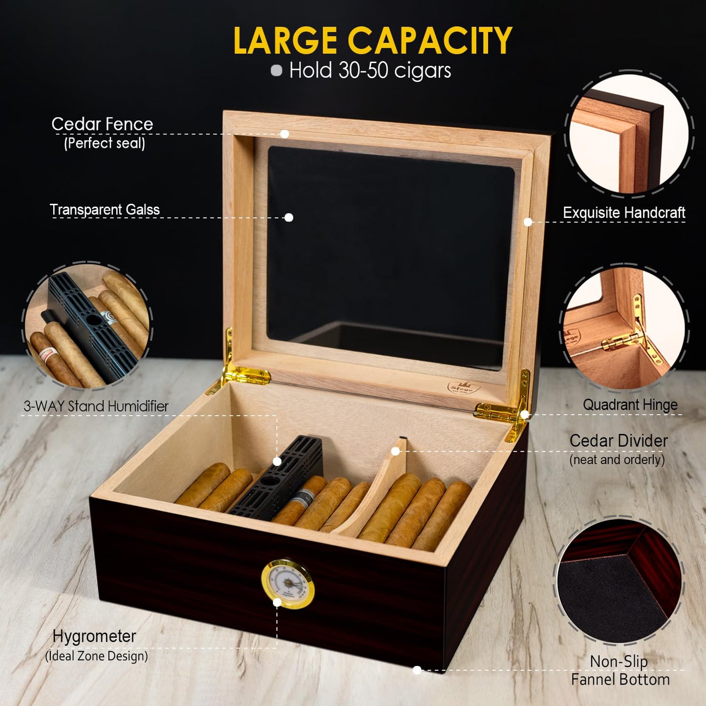Slege cigar humidors, humidor cigars, Spanish cedar wooden cigar box with humidor humidifier, hygrometer, divider, men's gift cigar accessories (30-50 cigars) black.