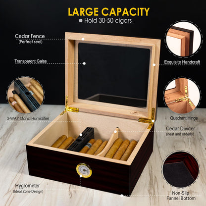 Slege cigar humidors, humidor cigars, Spanish cedar wooden cigar box with humidor humidifier, hygrometer, divider, men's gift cigar accessories (30-50 cigars) black.