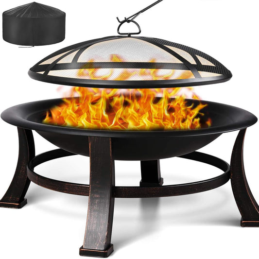 TLGREEN fire pit with spark protection, Φ76cm fire bowl with grill grate, retro-style fire pit for the garden, BBQ fire pit grill, stable and functional, black, large.