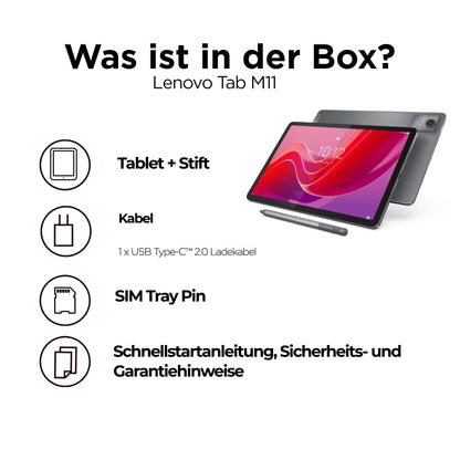 Lenovo Tab M11 Tablet | 11" WUXGA Touch Display | MediaTek G88 | 4GB RAM | 128GB eMMC 5.1 | Android 14 | Grey | includes Pen