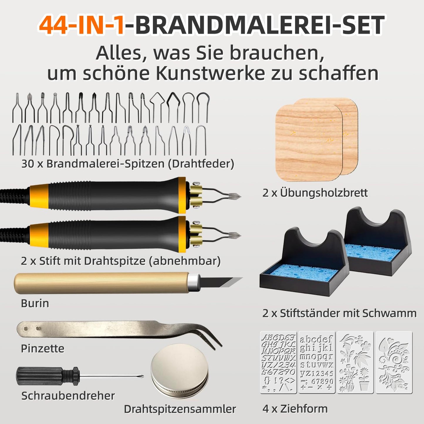 FIRElood LH55-1 wood burning set, pyrography wood burning tool set with pyrography machine, 30 wire tips, 2 wood burning pens, adjustable temperature 250-700 ℃.