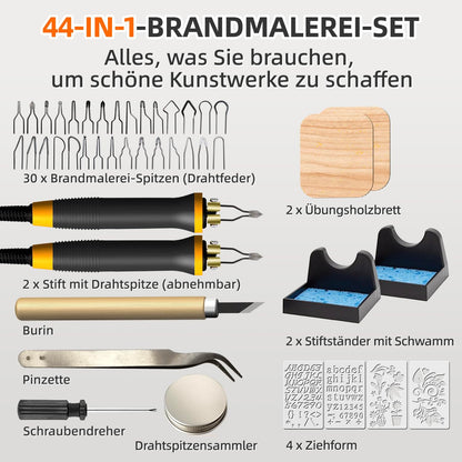 FIRElood LH55-1 wood burning set, pyrography wood burning tool set with pyrography machine, 30 wire tips, 2 wood burning pens, adjustable temperature 250-700 ℃.
