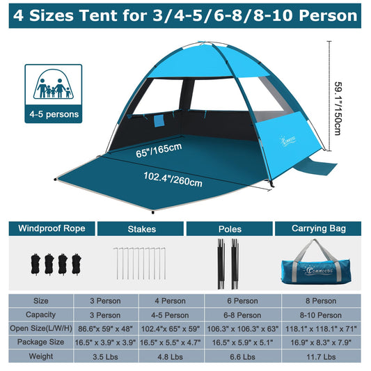 COMMOUDS beach tent for 4-6 people, UPF 50+ beach sun shelter with dark canopy, beach umbrella Lightweight, Easy to Set Up And Carry Beach tent