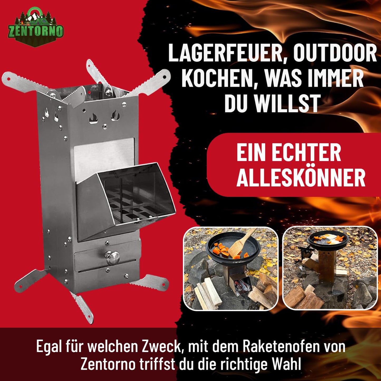 Zentorno Rocket Stove 2023 with carrying bag | Outdoor stainless steel wood stove [rustproof] Camping stove for pans and pots with Ø 15-25cm | Rocket Stove, (WMCP06-SF4)