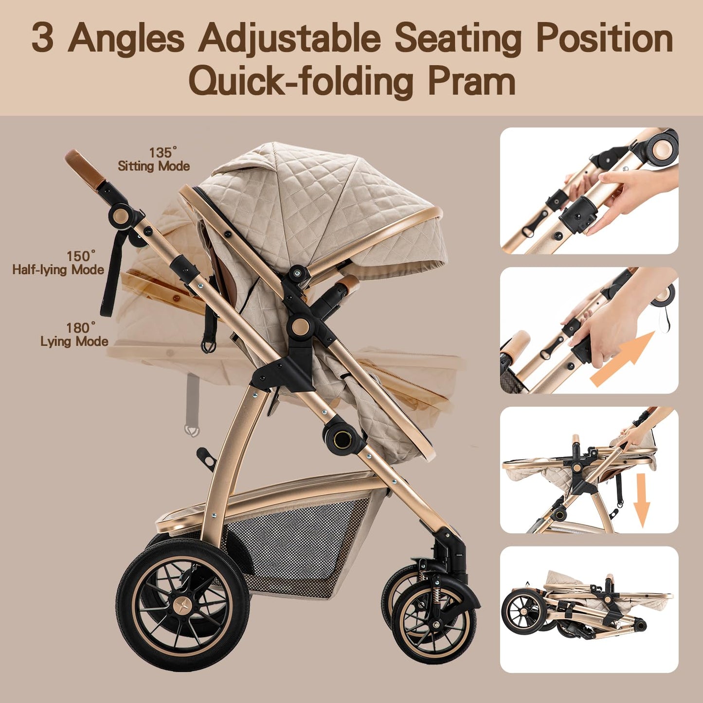 Gcarebb 3 in 1 stroller, buggy with car baby seat, with height-adjustable stroller set, combi stroller with aluminum frame for newborns 0-4 years.