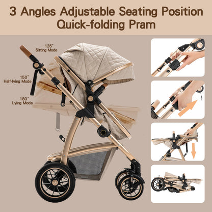 Gcarebb 3 in 1 stroller, buggy with car baby seat, with height-adjustable stroller set, combi stroller with aluminum frame for newborns 0-4 years.
