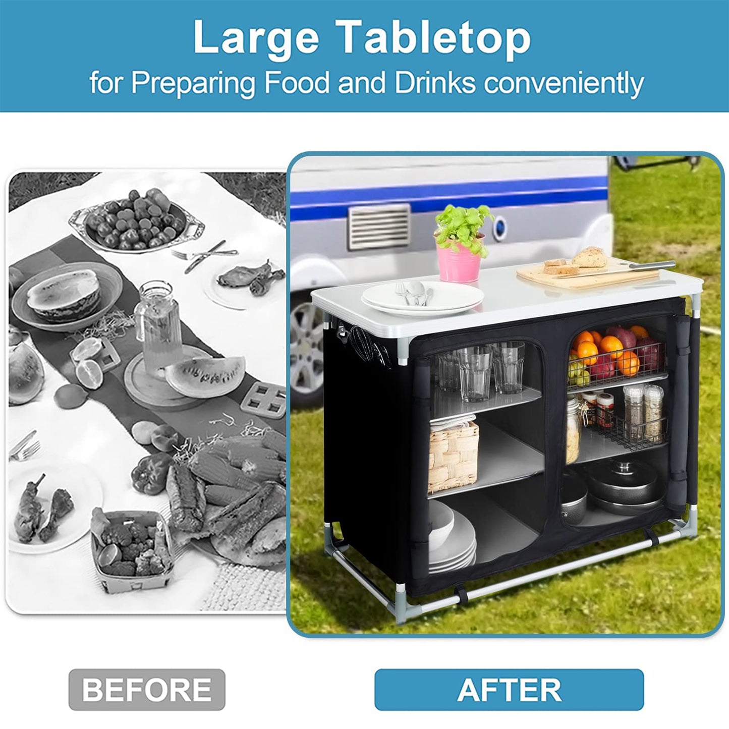 Warmiehomy Camping Kitchen Cabinet Foldable, Portable Camping Cabinet with Aluminum Frame & 1 Double Compartment, Mobile Outdoor Camping Kitchen Table for Picnic, Travel, Beach, Black, 100×50×80 cm