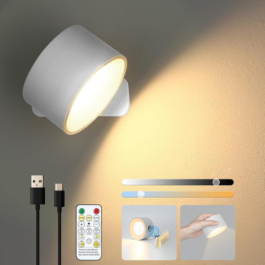 Lightess LED wall light indoor battery wall lamp cordless dimmable without power connection with remote control & touch control 360° rotatable wall light 3 color temperatures for living room bedroom staircase