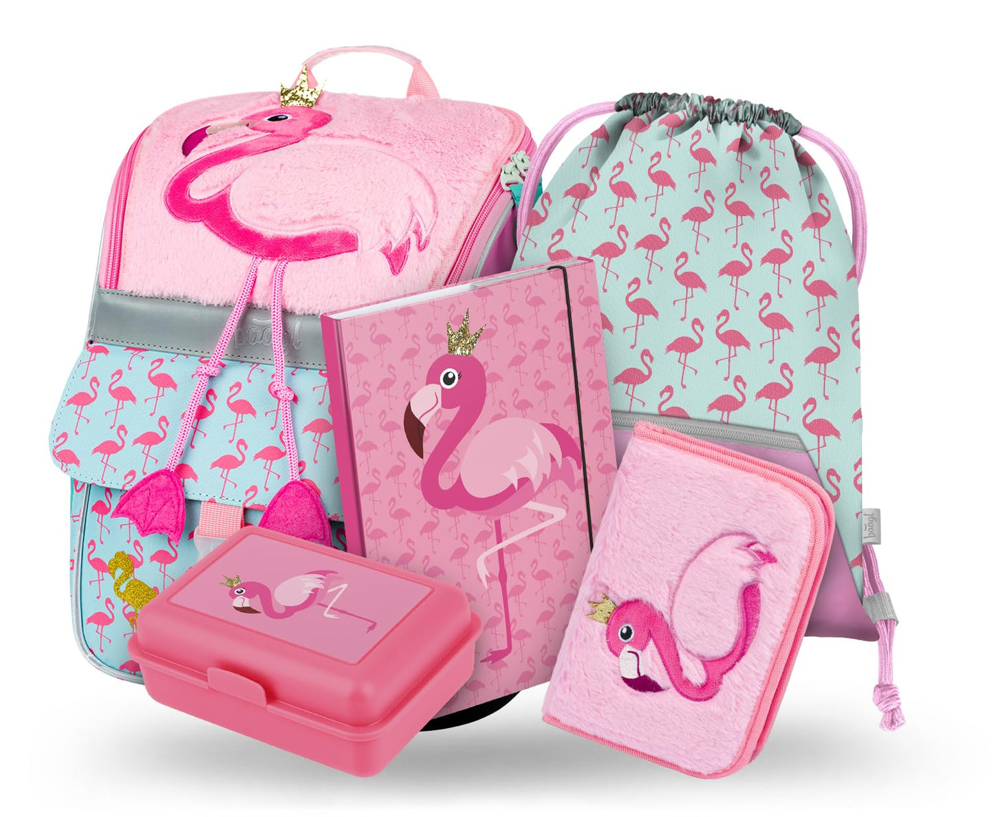 Baagl School Bag Set for Girls 5 Pieces - School Bag from 1st Grade - Elementary School Backpack with Chest Strap - Ergonomic School Backpack (Flamingo)