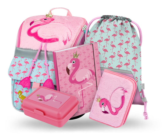 Baagl School Bag Set for Girls 5 Pieces - School Bag from 1st Grade - Elementary School Backpack with Chest Strap - Ergonomic School Backpack (Flamingo)