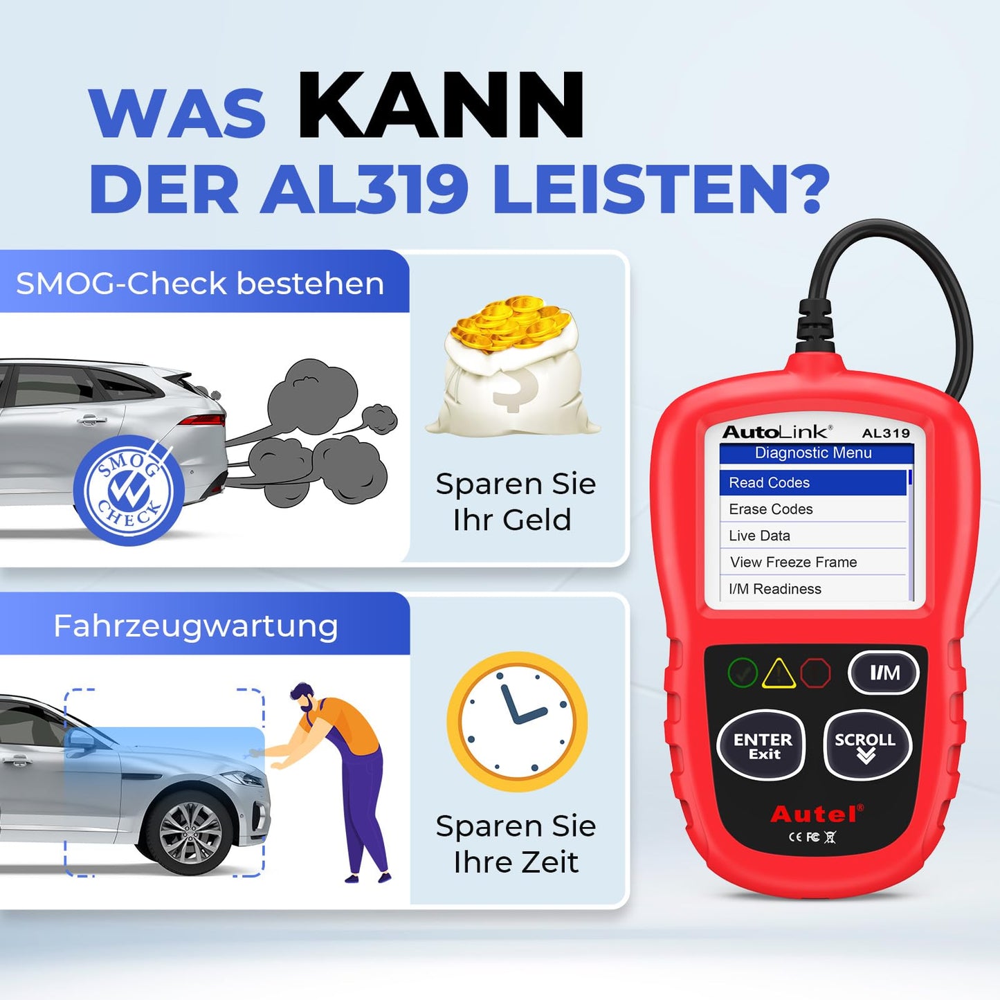 Autel AutoLink AL319 OBD2 diagnostic tool, one-click I/M readiness test, full OBD2 functions, car reader for all vehicles, German car diagnostic scanner, upgraded in 2024.