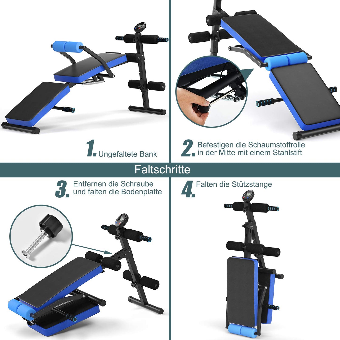 COSTWAY Folding Sit Up Bench, 5-level height adjustable training bench with monitor, incline bench, home trainer up to 150kg load capacity for sit-ups and leg lifts (Blue)