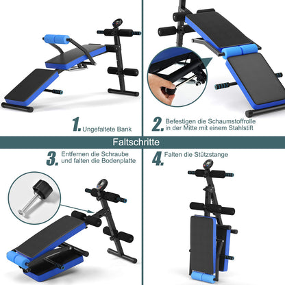 COSTWAY Folding Sit Up Bench, 5-level height adjustable training bench with monitor, incline bench, home trainer up to 150kg load capacity for sit-ups and leg lifts (Blue)