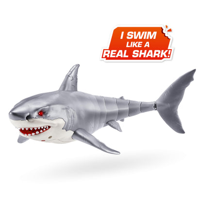 Robo Alive Great White Shark Series 1 by ZURU, battery-operated robot shark toy with light-up feature, perfect for summer pool fun, bath time toy, shark lovers.