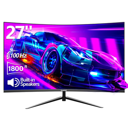 Gawfolk 27-inch curved monitor with 100Hz refresh rate, built-in speakers, 1080P resolution, 1800R curvature, 75Hz computer screen with Eye Care technology. Features HDMI and DP ports, VESA compatible.