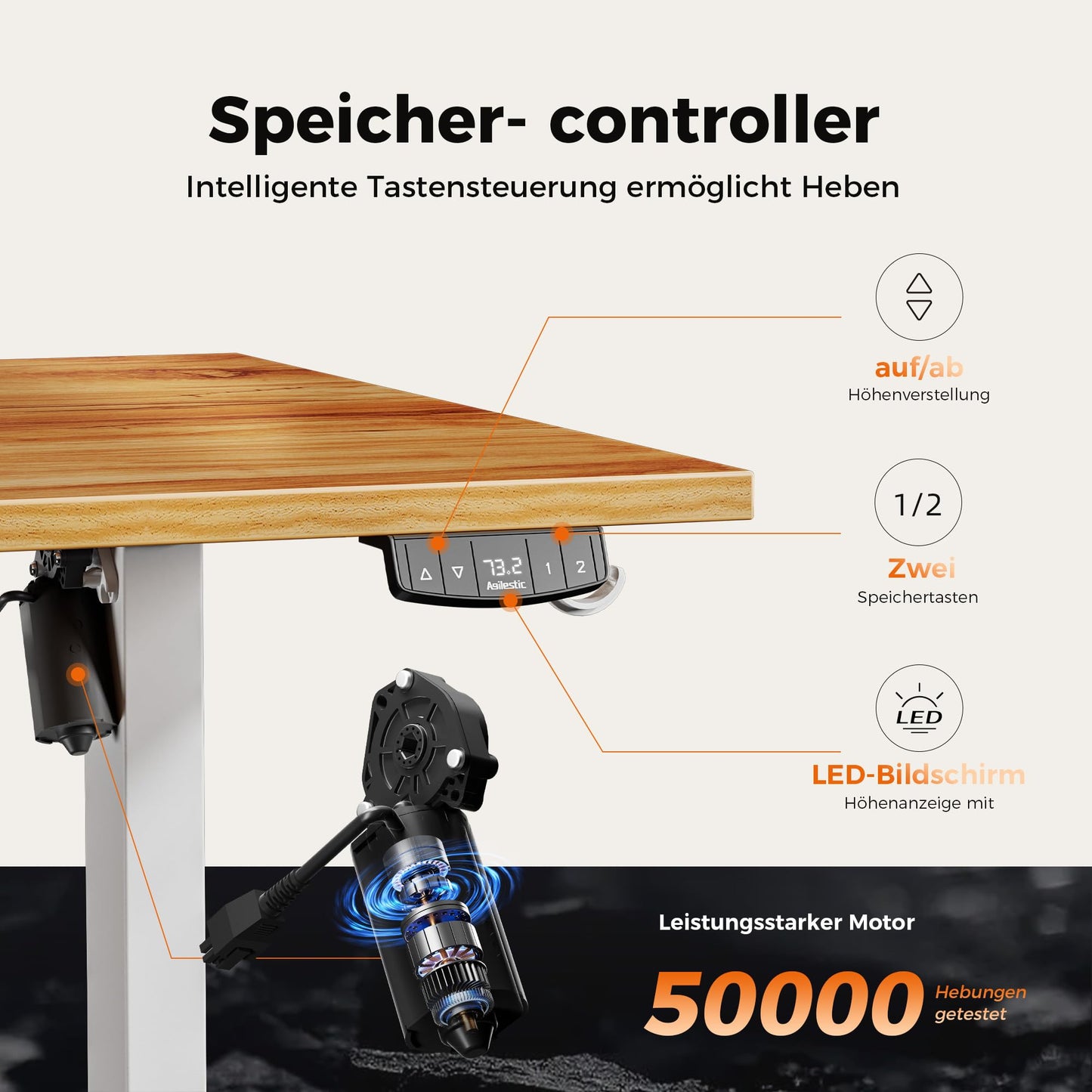 Agilestic height-adjustable desk 180 x 80 cm, stable desk height-adjustable electrically with memory hand control, ergonomic standing-sitting desk computer table, light brown.