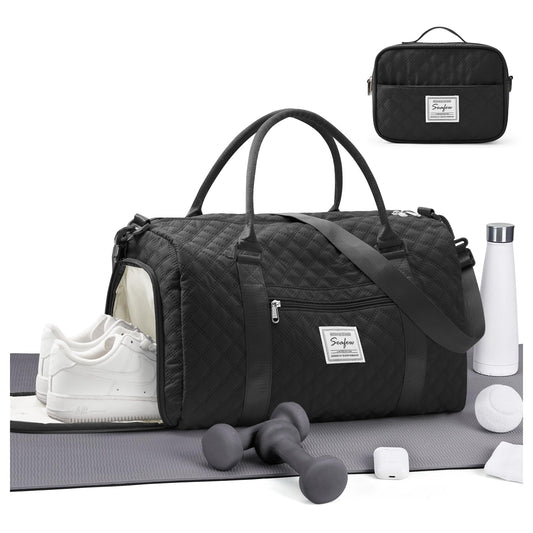 Women's travel bag, sports bag, carry-on bag, weekend bag with toiletry bag, wet pocket, and shoe compartment. Swim bag, travel duffle bag, waterproof sports duffel bag for women. Black.