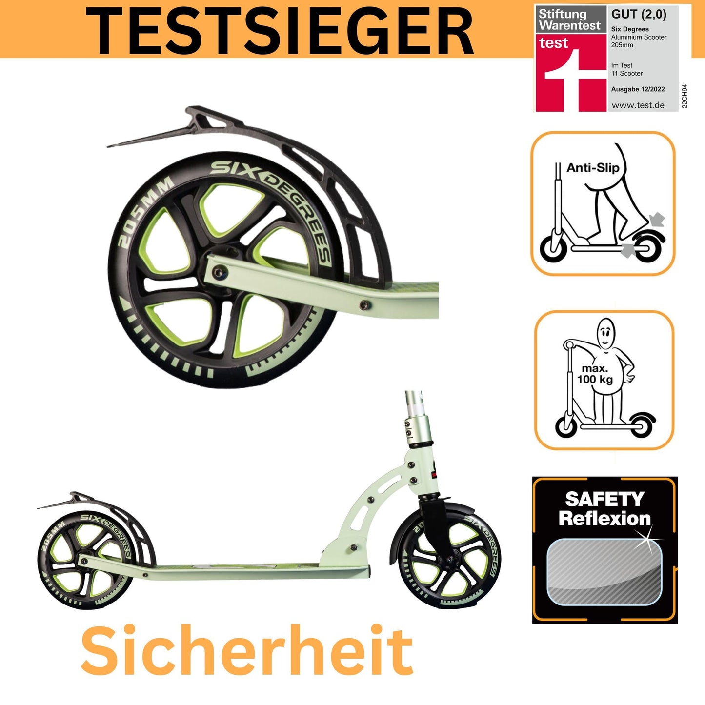 Six Degrees aluminum scooter with folding mechanism and stand, 205 mm, height adjustable, GS tested Lime Dream, TEST WINNER