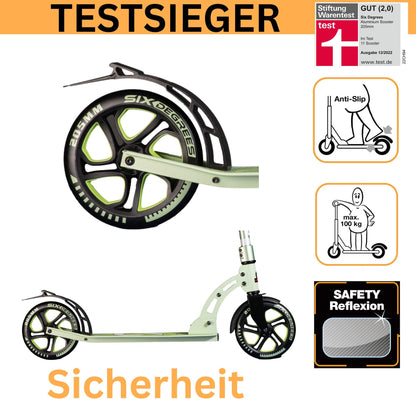 Six Degrees aluminum scooter with folding mechanism and stand, 205 mm, height adjustable, GS tested Lime Dream, TEST WINNER