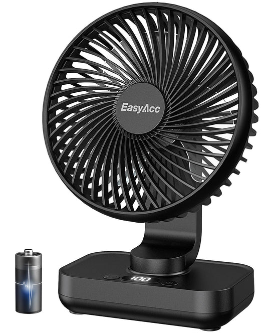 EasyAcc Table Fan, 4000 Battery Automatic Oscillating Small USB Fan, Portable Rechargeable Base Fans with 4 Speeds for Camping, Office, Library, and Home - Black