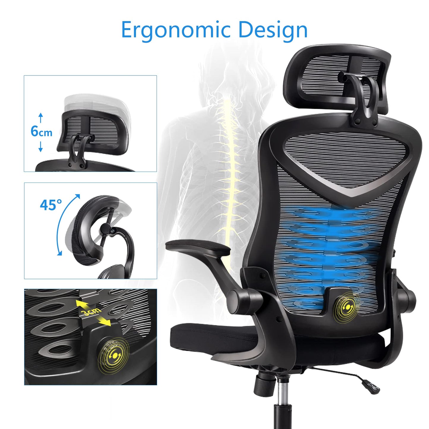 Magic Life Office Chair Ergonomic Computer Adjustable Desk Chair, adjustable lumbar support with thickened cushion, 3D headrest & Comfortable armrest Computer Chair (135 x 65 cm)