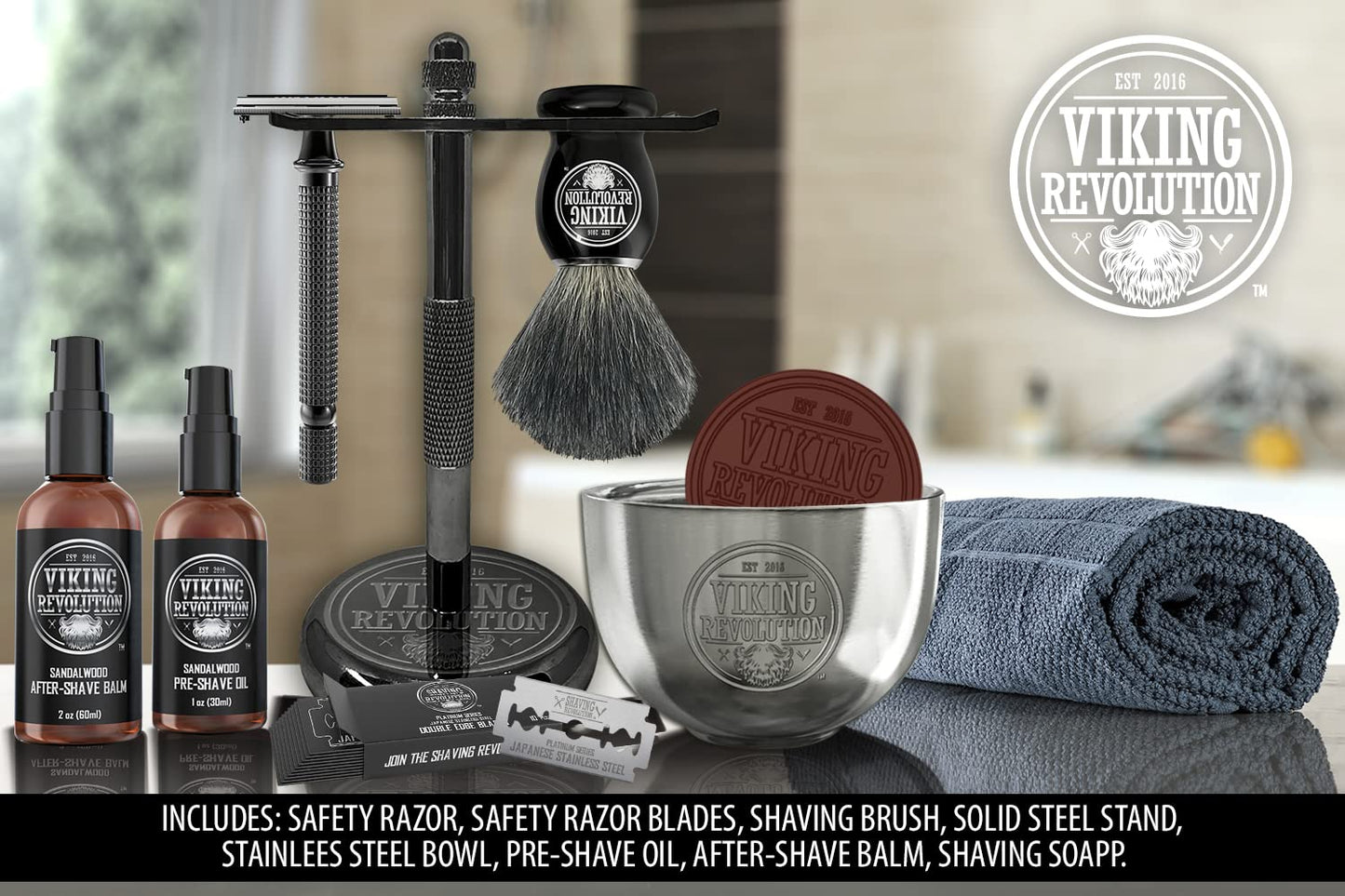 Viking Revolution - Luxury Shaving Kit for Men - Safety Razor with Double Edge, Stand, Bowl, After-Shave Balm, Pre-Shave Oil, Badger Brush, Men's Razor - Gifts for Men