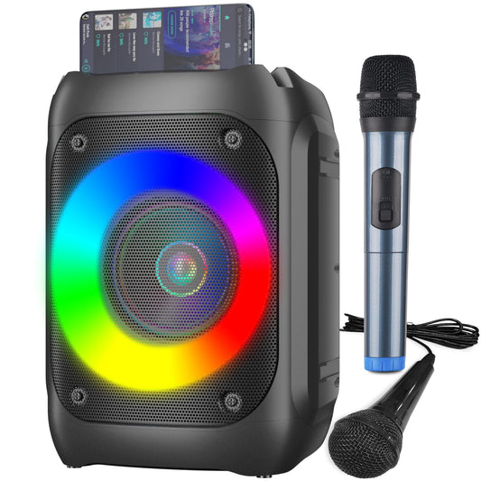 Ankuka Karaoke Machine with 2 microphones (1 Wireless Microphone & 1 Wired Microphone) Microphone with Speaker Portable PA System supports Bluetooth/TF/USB/AUX/FM/TWS (Black)