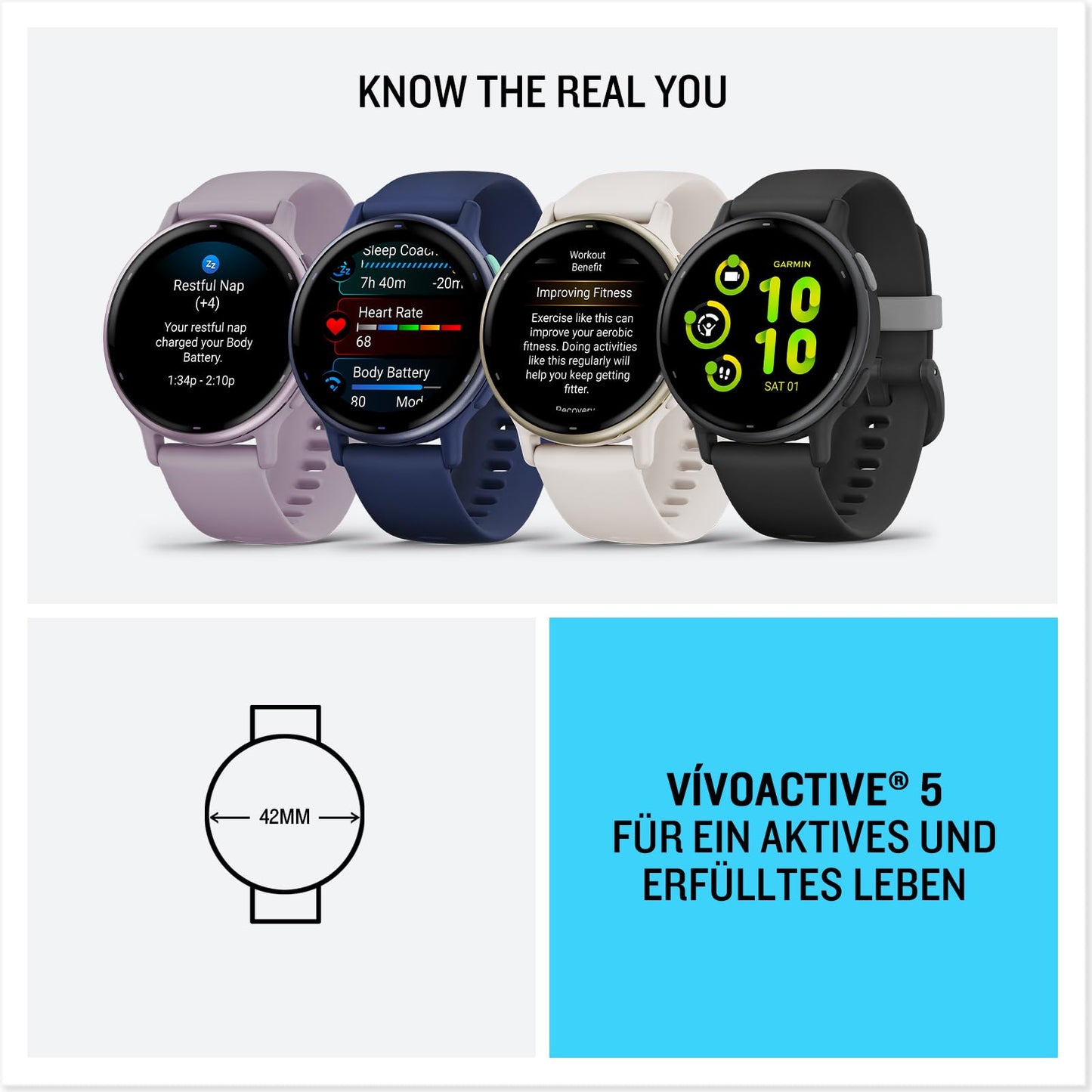 Garmin Vivoactive 5 - GPS smartwatch with 1.2" AMOLED touch display, fitness and health features, and music functions.