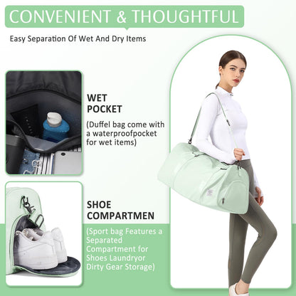 HYC00 sports bag for women, carry-on luggage for airplane, weekender bag, overnight bag, swim bag with wet compartment & shoe compartment, gym bag for women, hospital bag, travel duffle bag, light green