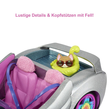 Barbie Extra Convertible Car in silver with moving wheels, includes accessories like clothing and pet, suitable for ages 3 and up. HDJ47.