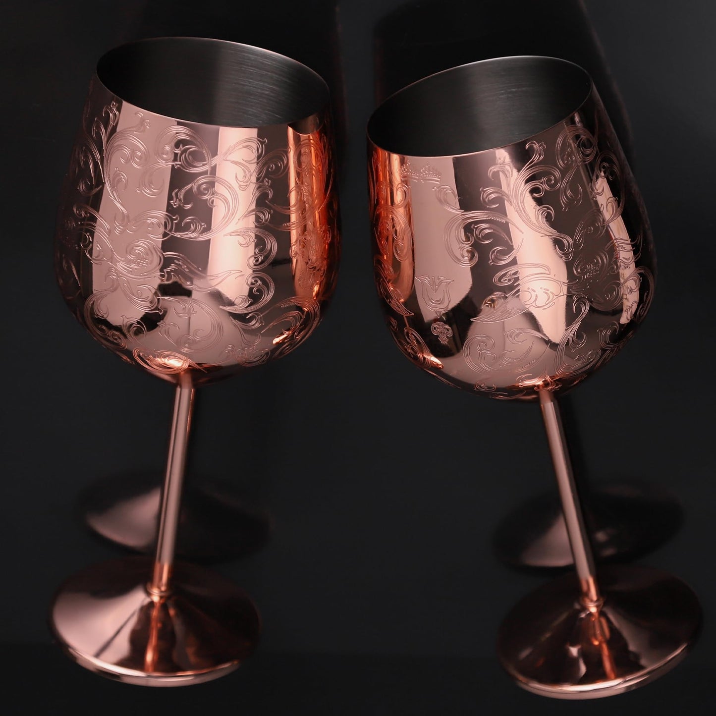 SKY FISH Stainless Steel Wine Glasses, Etched with Intricate and Authentic Baroque Engravings, Copper-Plated Wine Goblets in Royal Style, Anniversary Gift, Set of 2, Hand Wash Only, (480ml)