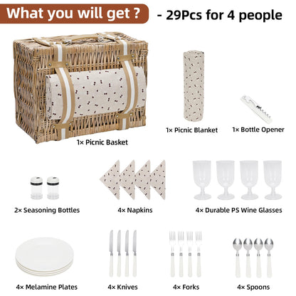 Picnic basket made of wicker for 4 people, with large insulated cooler bag and waterproof picnic blanket. Picnic set basket for camping, outdoor, Valentine's Day, Christmas, Thanksgiving.