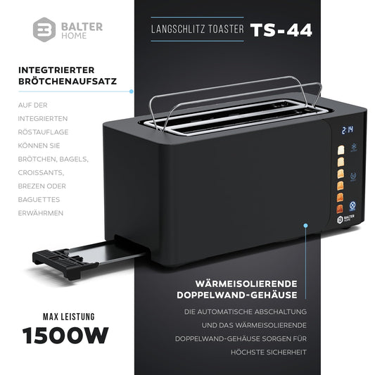 Balter 4-Slice Toaster, Touch Control, Long Slot, Stainless Steel, Bun Warmer, LCD Display, Defrost Function, Bread Centering, TS-44 Matte Black