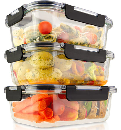 edallo NEW TRITAN - 3 large food storage containers with TRITAN lids & premium glass - airtight, leak-proof. Dishwasher, freezer, oven, microwave safe - storage container set - 3x 1040ml (1L)