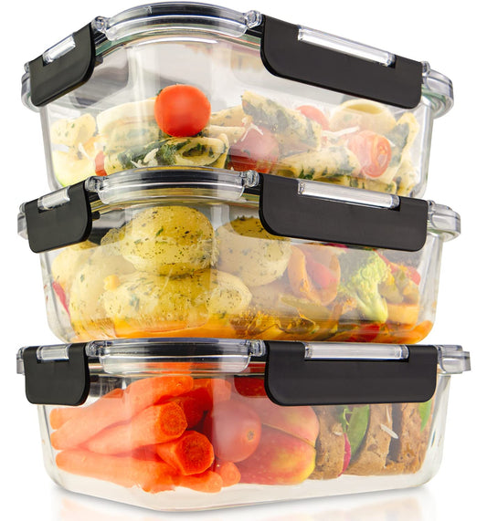 edallo NEW TRITAN - 3 large food storage containers with TRITAN lids & premium glass - airtight, leak-proof. Dishwasher, freezer, oven, microwave safe - storage container set - 3x 1040ml (1L)