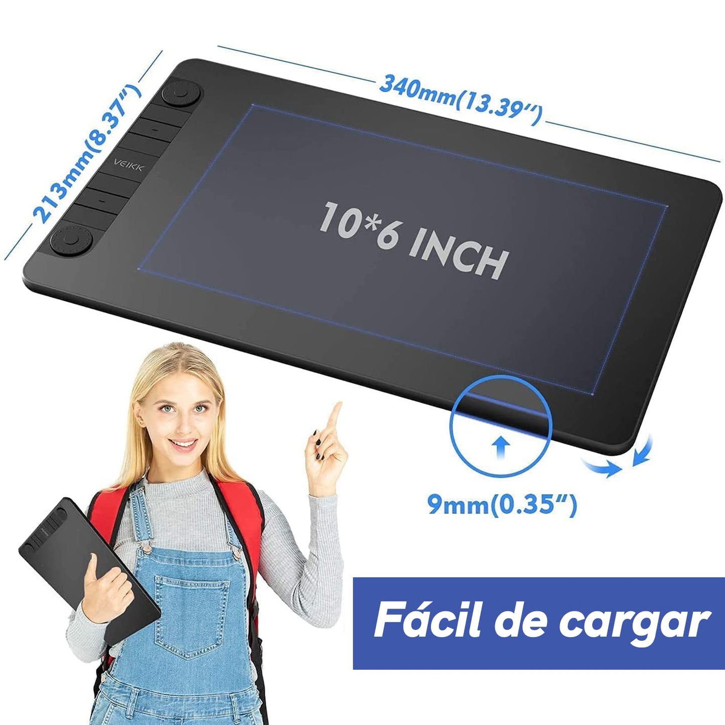 VEIKK VK1060PRO graphics tablet, 10x6 inch drawing tablet with 8 shortcut keys. Features double wheel design, 8192 levels of pressure sensitivity, battery-free pen. Compatible with Windows/Mac OS/Android/Linux.