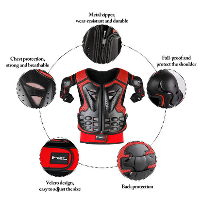 JUSTDOLIFE Motorcycle Protective Jacket, Kids Motorcycle Armor with Knee Pads Elbow Pads Chest Protector Racing for Outdoor Sports - 4/6/8/10/12/14 Years (Red)