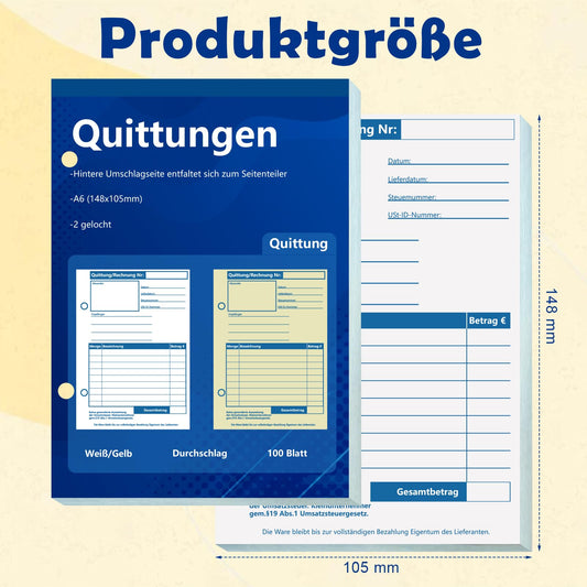 6 pieces of A6 receipt book, carbon copy invoice book for small business owners. 2 x 50 sheets, punched for small businesses, clubs, and freelancers.
