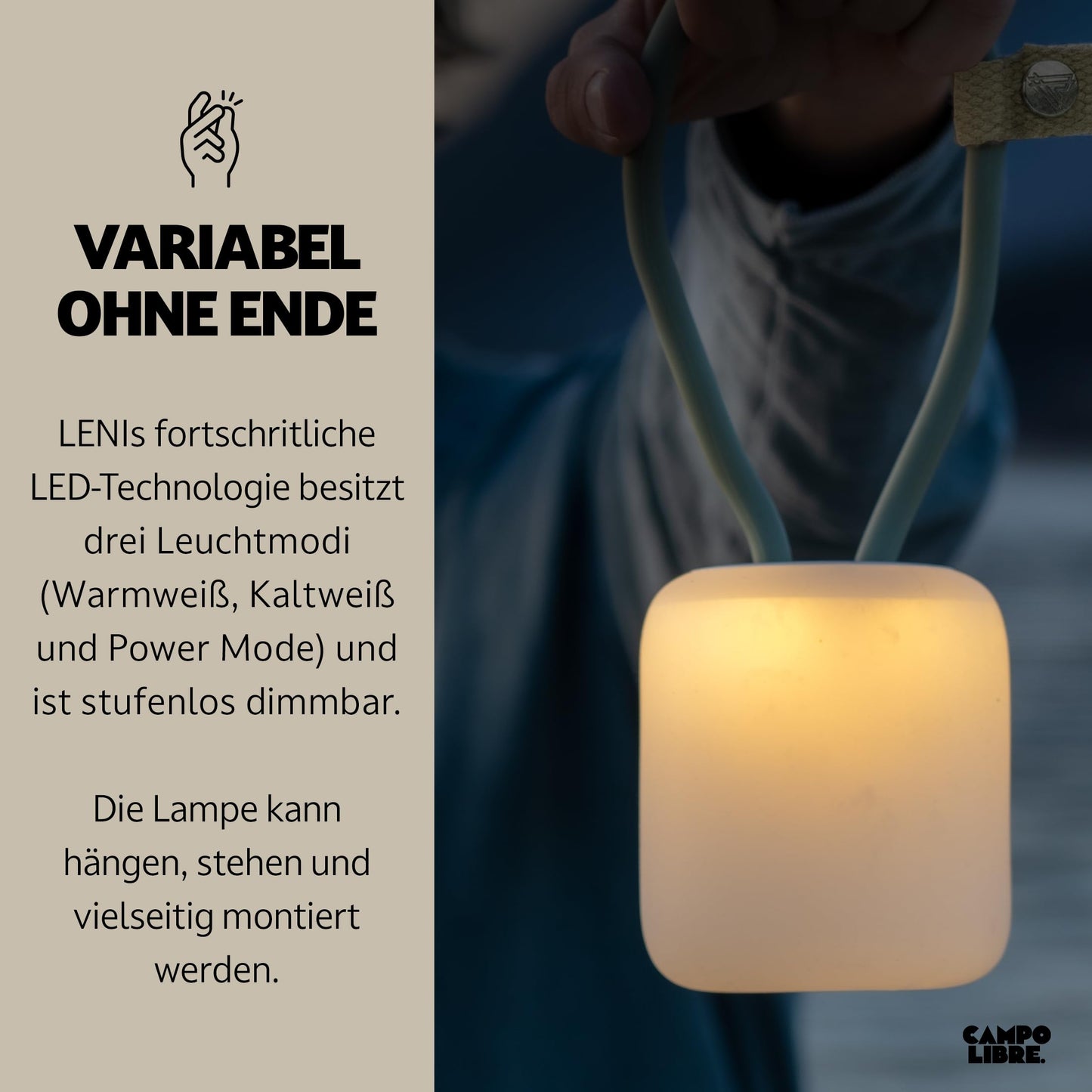 Campo Libre.® LENI I Camping Lantern I versatile outdoor light for hanging, standing, and mounting I dimmable camping light I rechargeable I balcony light, camping lantern, table lamp, square Grey