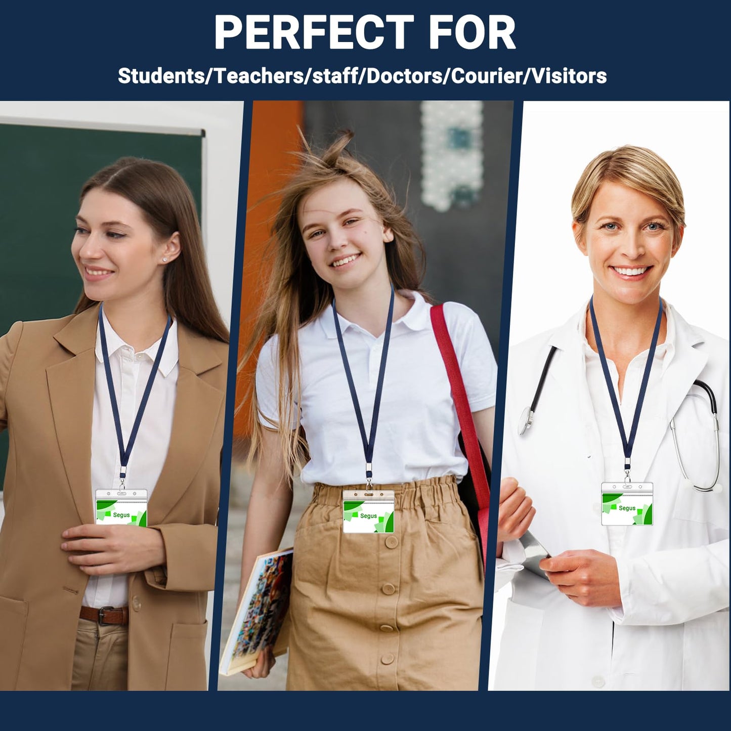 Segus lanyard blue, pack of 50 lanyards with metal clip, ideal for office, school, hospital, factory use.