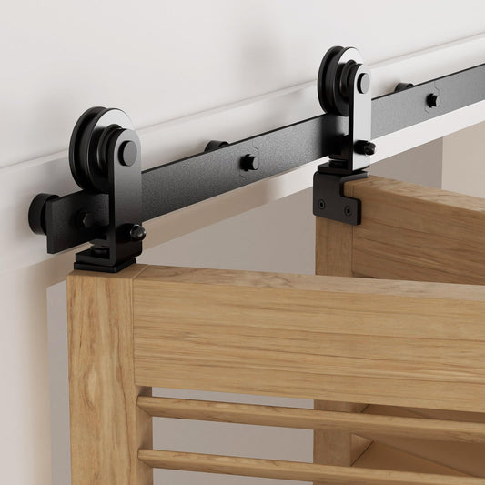 3.3FT (102cm) Bifold Sliding Door Hardware Kit for 2 wooden doors. Includes track, rollers, and top mount T guide in black color.