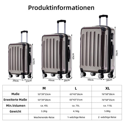 BEIBYE Twin Rolls 2048 Hard Shell Trolley Suitcase Travel Bag Luggage in M-L-XL Set (Coffee, XL)