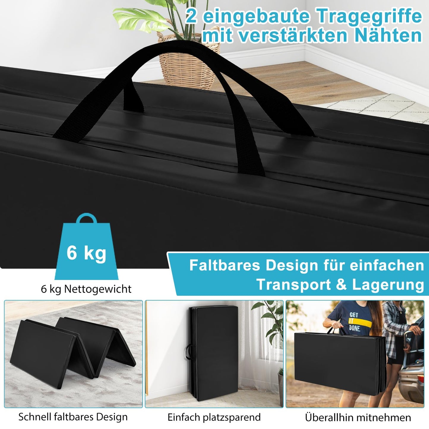 COSTWAY 240 x 120 x 5 cm soft floor mat, foldable gymnastics mat with Velcro closure and 2 handles, exercise mat, foldable mat, fitness mat for gymnastics, yoga, home training (black)