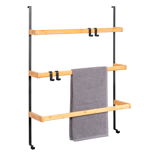 eluno Over-the-Door Hanging Shelf made of metal and bamboo, door towel holder with 3 towel bars, 4 handy hooks, for hanging without drilling (Black)