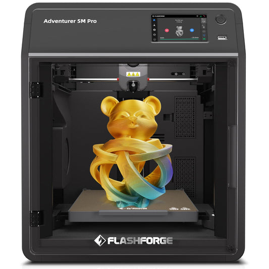 FLASHFORGE Adventurer 5M Pro 3D printer, one-click auto print up to 600mm/s high speed with 0.4/0.6mm nozzle, CoreXY structure & silent printing, APP remote control & camera monitoring.