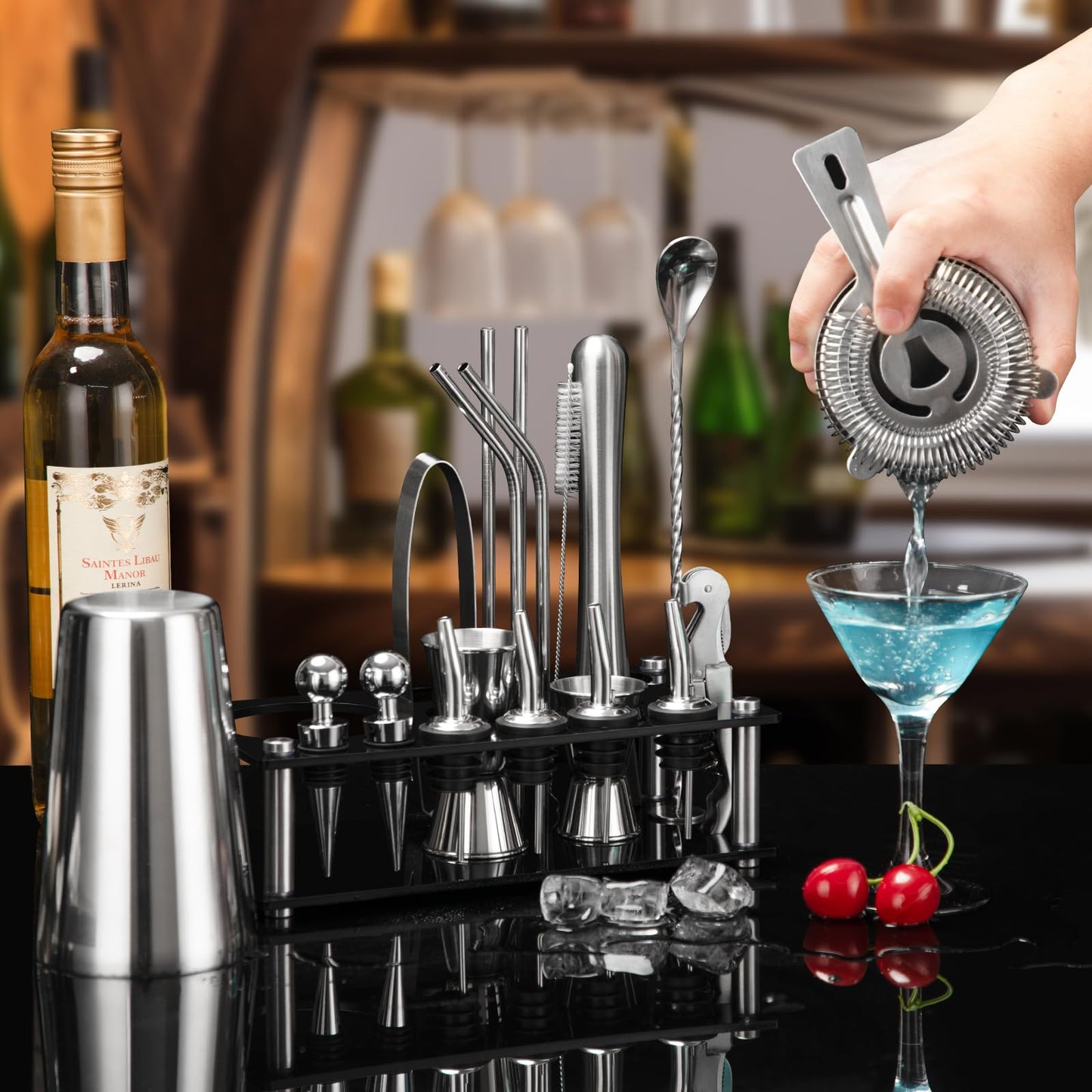 Cinnani Boston Cocktail Set 20-piece - Professional Mixing Set with Stand and Bar Accessories - Shaker and Bartender Set made of Stainless Steel - Gift Set