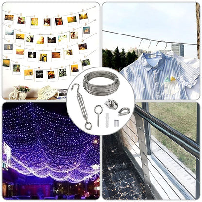 Stainless steel wire rope set with 60pcs, 35m/2mm steel rope for trellis with M5 turnbuckle, eye screw, wire rope clamps, aluminum rope clamps.