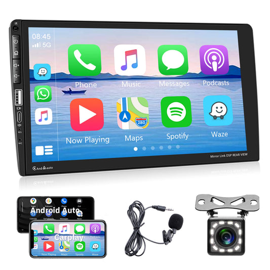 1 Din car stereo with Apple Carplay Android Auto Bluetooth hands-free system 9-inch touchscreen car stereo with Mirror Link Bluetooth FM radio USB/AUX/TF/EQ steering wheel control + rearview camera microphone