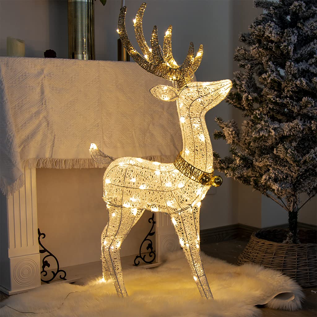 Illuminate your home this holiday season with this charming 1.2M golden and white iron frame LED reindeer decoration. Perfect for both indoor and outdoor use, this glowing Christmas decor will bring warmth and cheer to your space.