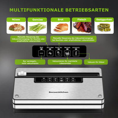 Bonsenkitchen Vacuum Sealer, Strong Vacuum Sealer with 5 Modes, 8 L/Min, Globefish Technology for Continuous High-Speed Operation, Includes 100 Vacuum Bags and 1 Roll Bag.